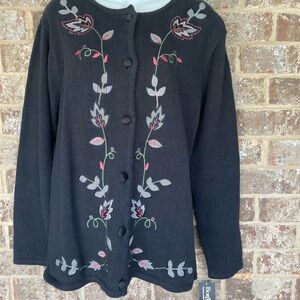 Bon Worth Vintage Cardigan Sweater Womens Black embroidered leaves fall NWT L